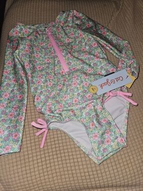 Cat & Jack Girls Floral Long-Sleeve Rash Guard Swimsuit - Pink, Green